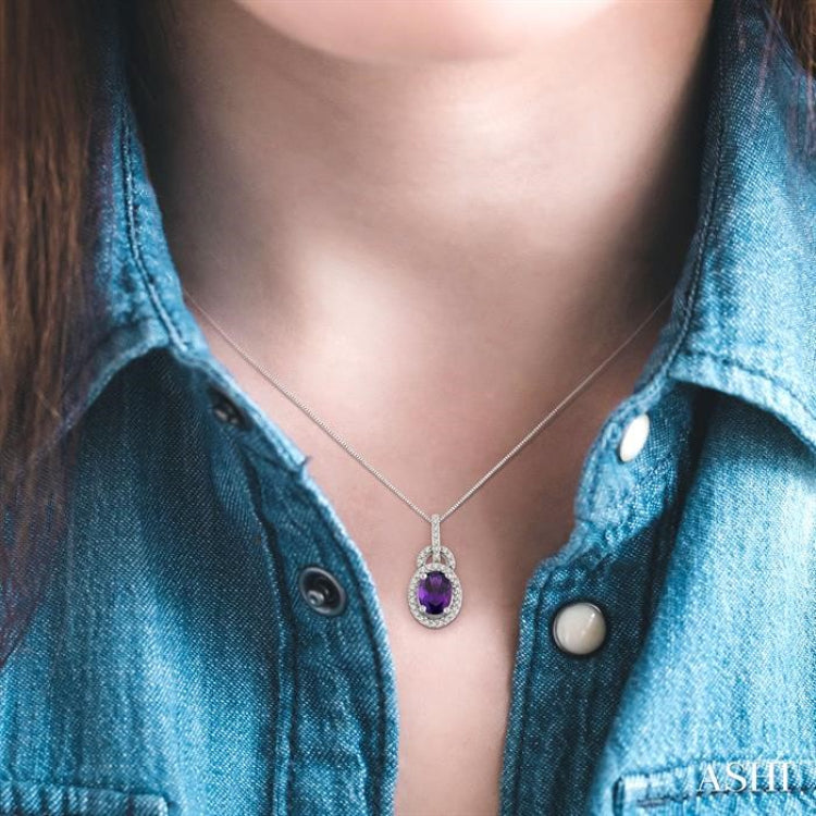 8x6 MM Oval Cut Amethyst and 1/4 Ctw Round Cut Diamond Pendant in 14K White Gold with Chain
