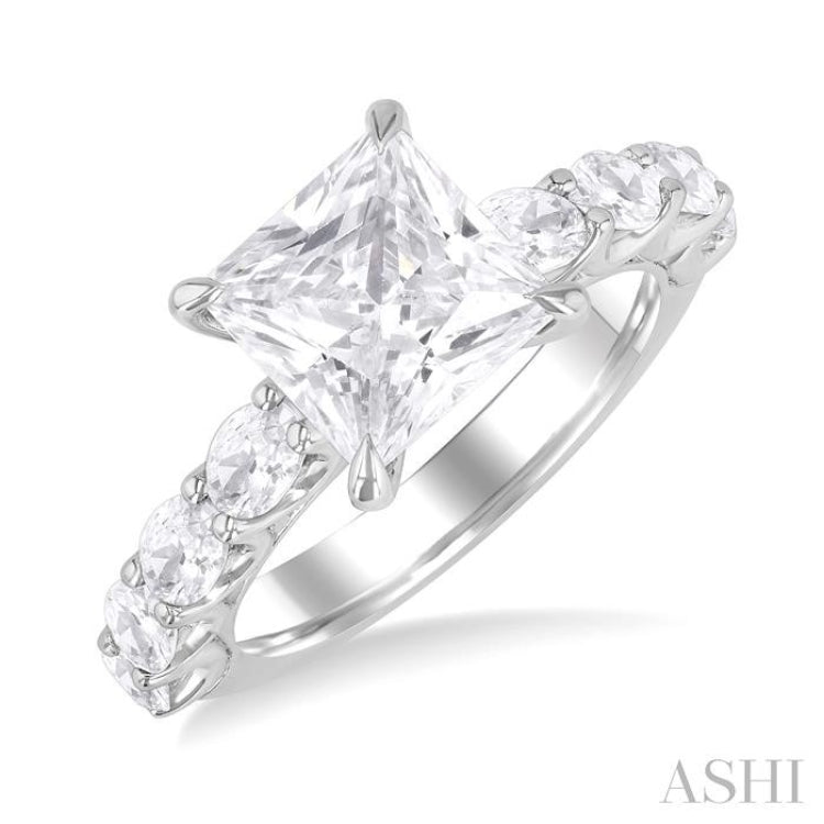 7/8 Ctw Princess Shape Oval and Round Cut Diamond Semi Mount Engagement Ring in 14K White Gold