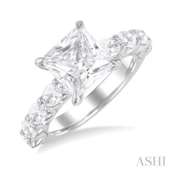 7/8 Ctw Princess Shape Oval and Round Cut Diamond Semi Mount Engagement Ring in 14K White Gold