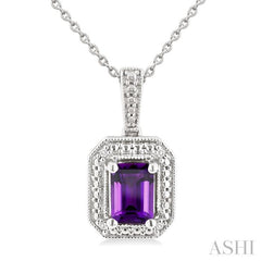 7X5 MM Octagon Shape Amethyst and 1/50 Ctw Single Cut Diamond Semi-precious Pendant With Chain in Sterling Silver