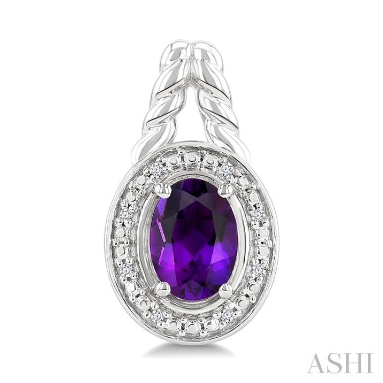 8X6 MM Cushion Shape Amethyst and 1/20 Ctw Single Cut Diamond Semi-Precious Earrings in Sterling Silver