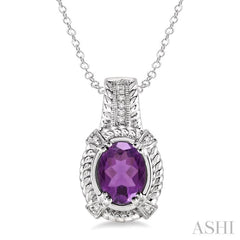 9x7 MM Oval Cut Amethyst and 1/50 Ctw Single Cut Diamond Pendant in Sterling Silver with Chain