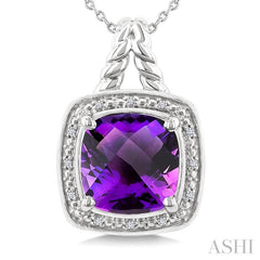 10 MM Cushion Shape Amethyst and 1/20 Ctw Single Cut Diamond Semi-precious Pendant With Chain in Sterling Silver