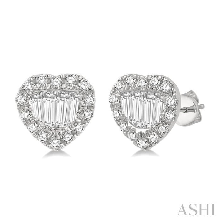 3/8 ctw Heart Shape Baguette Center & Round Cut Diamond Earrings in 14K White Gold