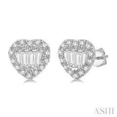 3/8 ctw Heart Shape Baguette Center & Round Cut Diamond Earrings in 14K White Gold