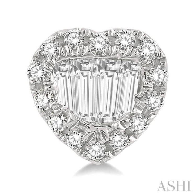 3/8 ctw Heart Shape Baguette Center & Round Cut Diamond Earrings in 14K White Gold