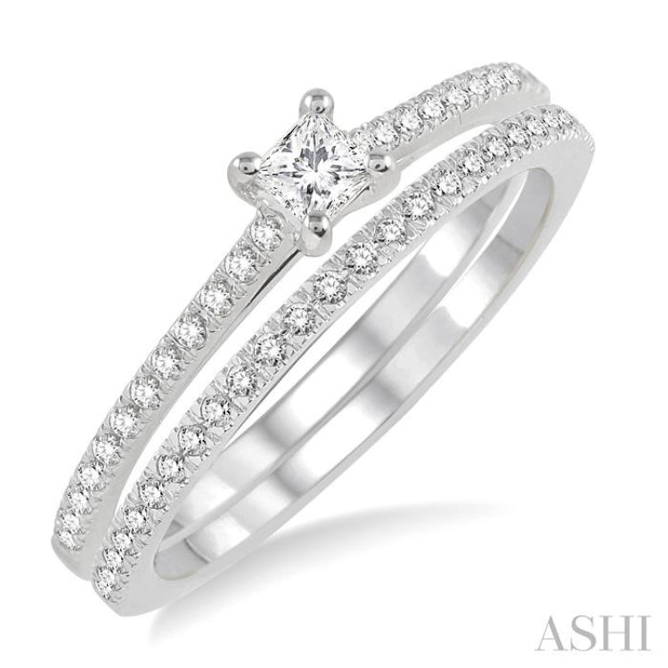 3/8 ctw Diamond Wedding Set with 1/3 ctw Princess Cut Engagement Ring and 1/10 ctw Wedding Band in 14K White Gold