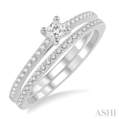 3/8 ctw Diamond Wedding Set with 1/3 ctw Princess Cut Engagement Ring and 1/10 ctw Wedding Band in 14K White Gold