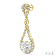1.00 ctw Loop Dangler Round Cut Diamond Lovebright Hanging Earrings in 14K Yellow and White Gold