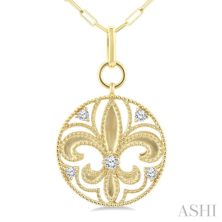 1/4 ctw Fleur De Lis Round Cut Diamond Fashion Medallion Pendant With Chain in 14K Yellow Gold