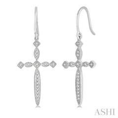 1/8 Ctw Marquise & Diamond Mount Cross Charm Round Cut Diamond Earring in 10K White Gold