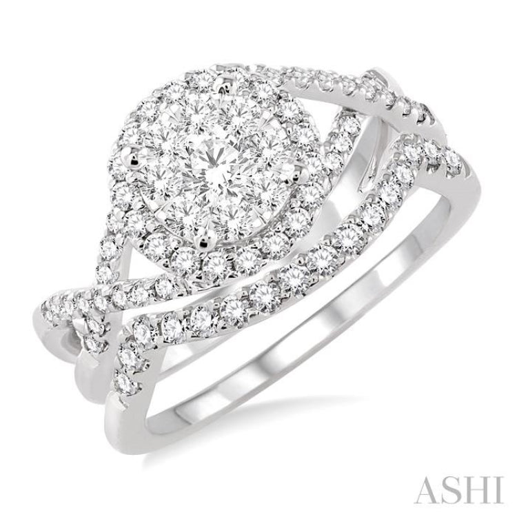 7/8 ctw Diamond Wedding Set with 3/4 ctw Lovebright Round Cut Engagement Ring and 1/5 ctw Wedding Band in 14K White Gold