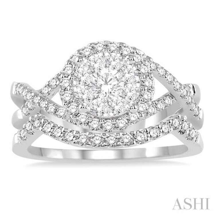 7/8 ctw Diamond Wedding Set with 3/4 ctw Lovebright Round Cut Engagement Ring and 1/5 ctw Wedding Band in 14K White Gold