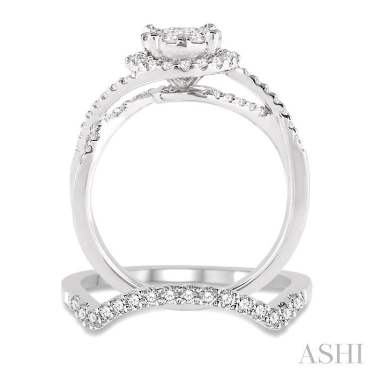 7/8 ctw Diamond Wedding Set with 3/4 ctw Lovebright Round Cut Engagement Ring and 1/5 ctw Wedding Band in 14K White Gold