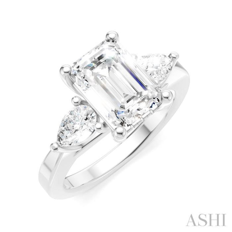 1/2 Ctw Tri-Mount Emerald Shape Center Pear and Round Cut Diamond Semi Mount Engagement Ring in 14K White Gold