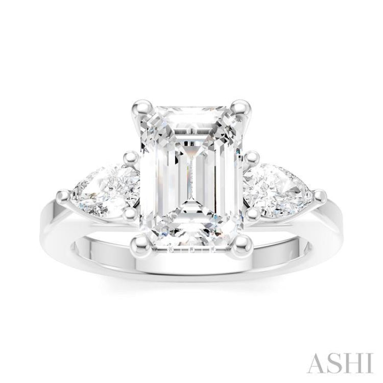 1/2 Ctw Tri-Mount Emerald Shape Center Pear and Round Cut Diamond Semi Mount Engagement Ring in 14K White Gold