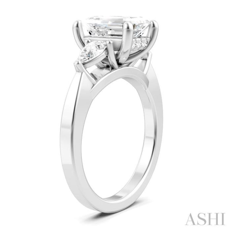 1/2 Ctw Tri-Mount Emerald Shape Center Pear and Round Cut Diamond Semi Mount Engagement Ring in 14K White Gold