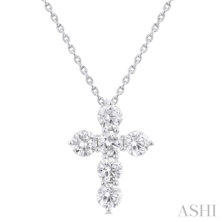 1.00 Ctw Round Cut Diamond Christian Cross 6-Stone Fashion Pendant With Chain in 14K White Gold