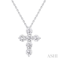 1.00 Ctw Round Cut Diamond Christian Cross 6-Stone Fashion Pendant With Chain in 14K White Gold