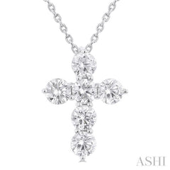 1.00 Ctw Round Cut Diamond Christian Cross 6-Stone Fashion Pendant With Chain in 14K White Gold