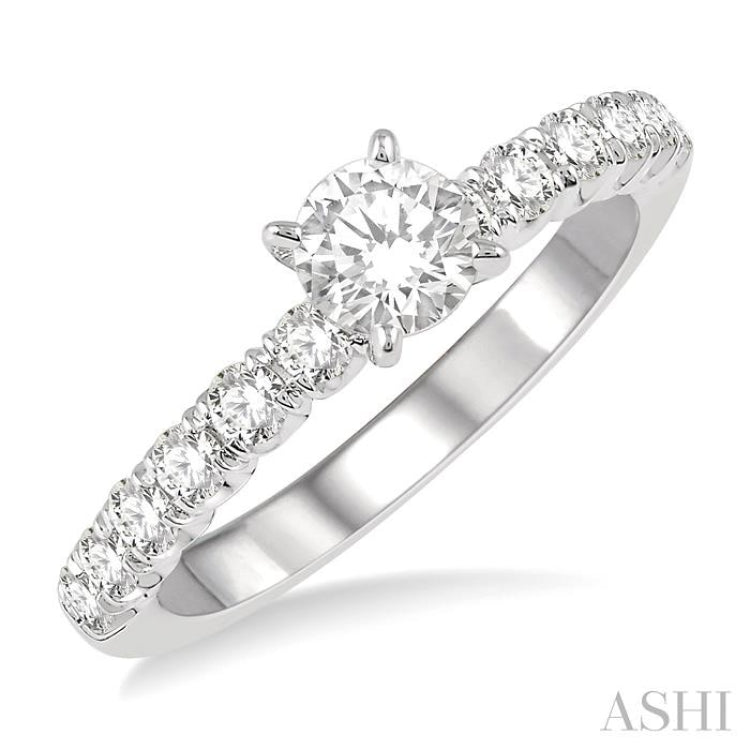 1 Ctw Diamond Ladies Engagement Ring with 1/2 Ct Round Cut Center Stone in 14K White Gold