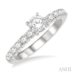 1 Ctw Diamond Ladies Engagement Ring with 1/2 Ct Round Cut Center Stone in 14K White Gold
