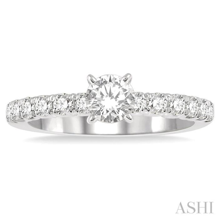 1 Ctw Diamond Ladies Engagement Ring with 1/2 Ct Round Cut Center Stone in 14K White Gold