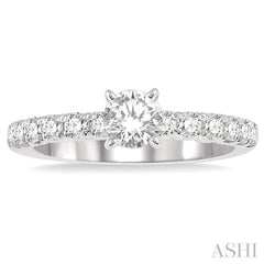 1 Ctw Diamond Ladies Engagement Ring with 1/2 Ct Round Cut Center Stone in 14K White Gold