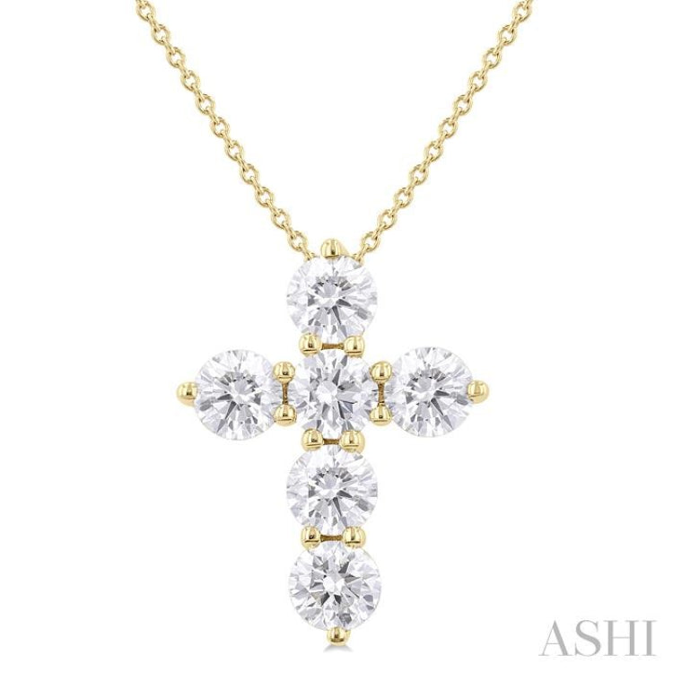 2.00 Ctw Round Cut Diamond Christian Cross 6-Stone Fashion Pendant With Chain in 14K Yellow Gold
