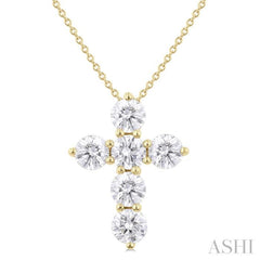 2.00 Ctw Round Cut Diamond Christian Cross 6-Stone Fashion Pendant With Chain in 14K Yellow Gold