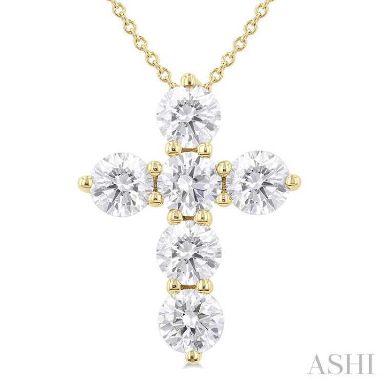 2.00 Ctw Round Cut Diamond Christian Cross 6-Stone Fashion Pendant With Chain in 14K Yellow Gold