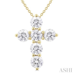 2.00 Ctw Round Cut Diamond Christian Cross 6-Stone Fashion Pendant With Chain in 14K Yellow Gold