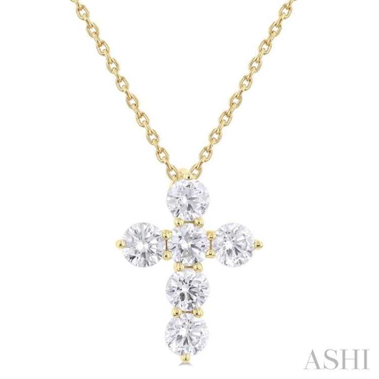 1.00 Ctw Round Cut Diamond Christian Cross 6-Stone Fashion Pendant With Chain in 14K Yellow Gold