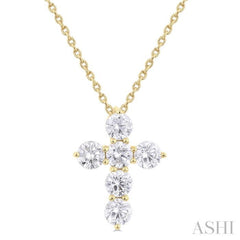 1.00 Ctw Round Cut Diamond Christian Cross 6-Stone Fashion Pendant With Chain in 14K Yellow Gold