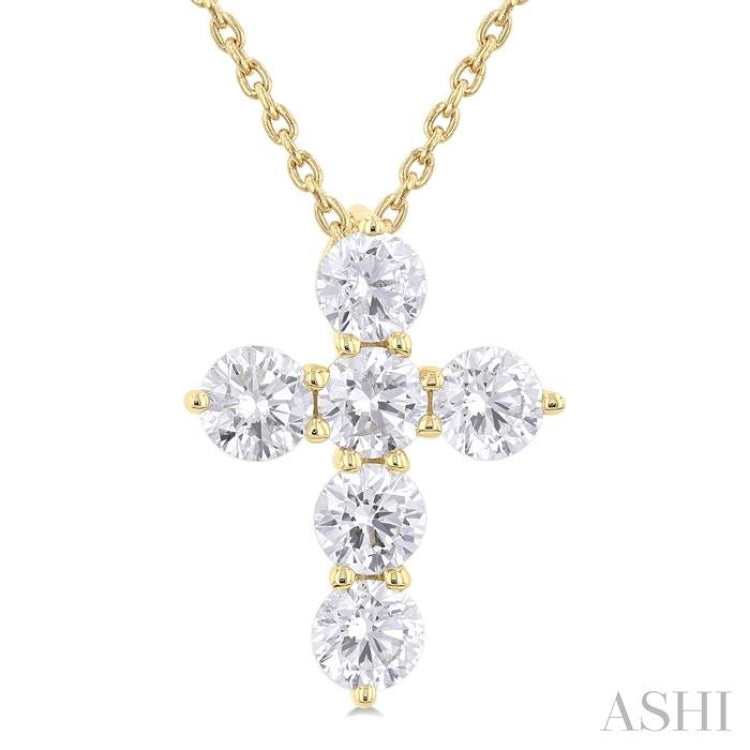 1.00 Ctw Round Cut Diamond Christian Cross 6-Stone Fashion Pendant With Chain in 14K Yellow Gold