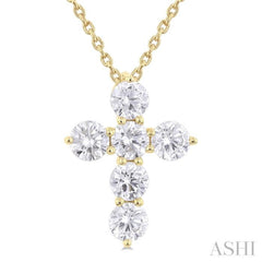 1.00 Ctw Round Cut Diamond Christian Cross 6-Stone Fashion Pendant With Chain in 14K Yellow Gold