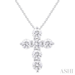 2.00 Ctw Round Cut Diamond Christian Cross 6-Stone Fashion Pendant With Chain in 14K White Gold