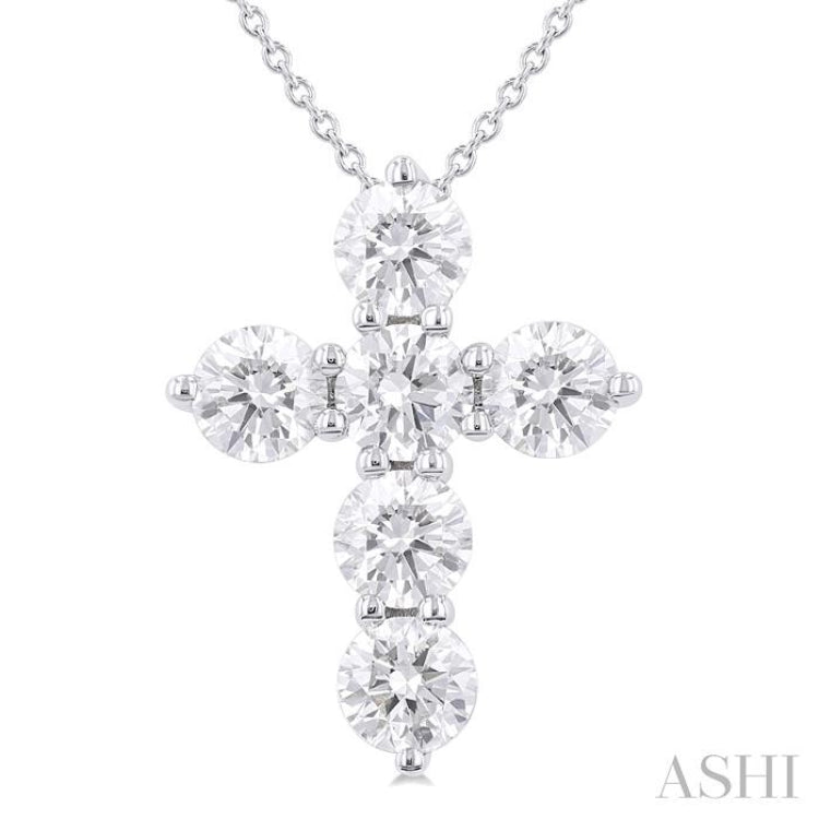 2.00 Ctw Round Cut Diamond Christian Cross 6-Stone Fashion Pendant With Chain in 14K White Gold
