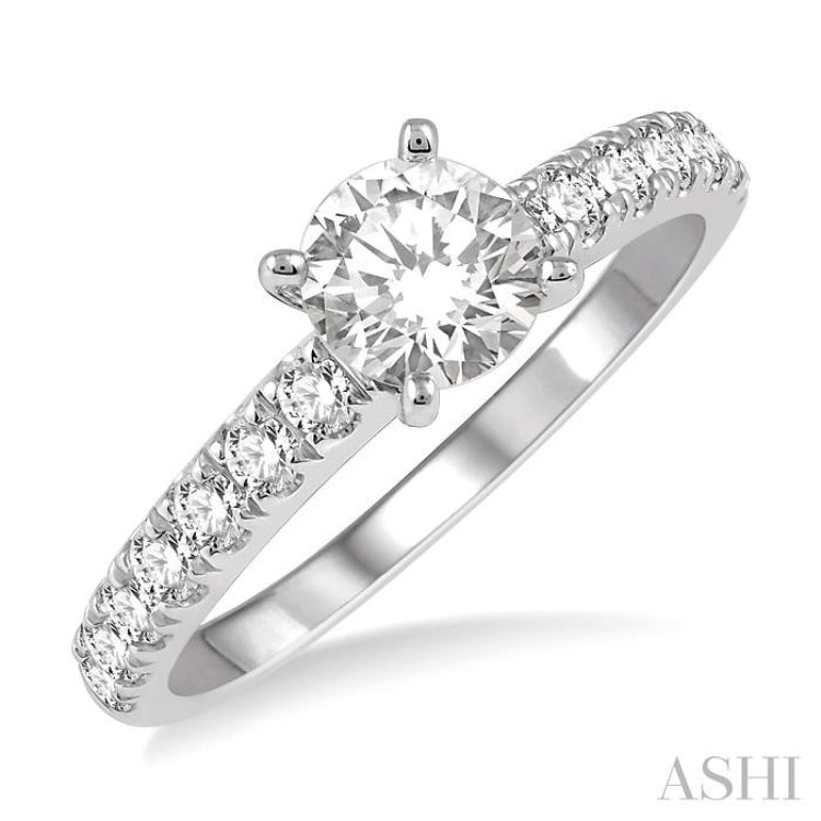 1 1/10 ctw Round Brilliant Cut Diamond Ladies Engagement Ring with 5/8 Ct Round Cut Center Stone in 14K White Gold