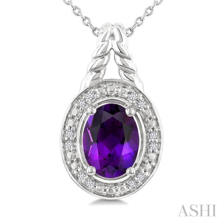9X7 MM Oval Shape Amethyst and 1/20 Ctw Single Cut Diamond Semi-precious Pendant With Chain in Sterling Silver