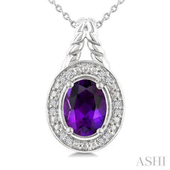 9X7 MM Oval Shape Amethyst and 1/20 Ctw Single Cut Diamond Semi-precious Pendant With Chain in Sterling Silver