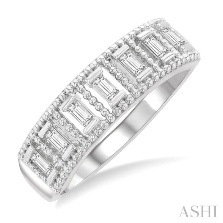 1/5 ctw Open Frame Ball Bead Border Baguette Cut Diamond Fashion Band in 14K White Gold
