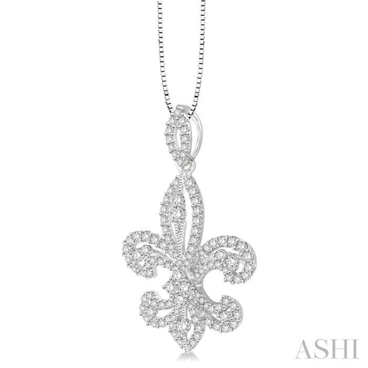 1.00 Ctw Round Cut Diamond Fleur De Lis Diamond Pendant in 14K White Gold with Chain