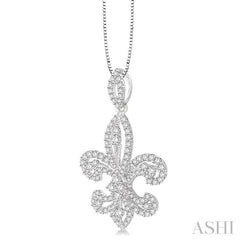 1.00 Ctw Round Cut Diamond Fleur De Lis Diamond Pendant in 14K White Gold with Chain
