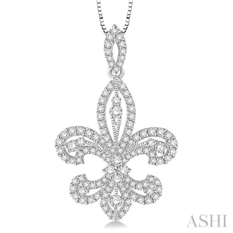 1.00 Ctw Round Cut Diamond Fleur De Lis Diamond Pendant in 14K White Gold with Chain