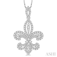 1.00 Ctw Round Cut Diamond Fleur De Lis Diamond Pendant in 14K White Gold with Chain