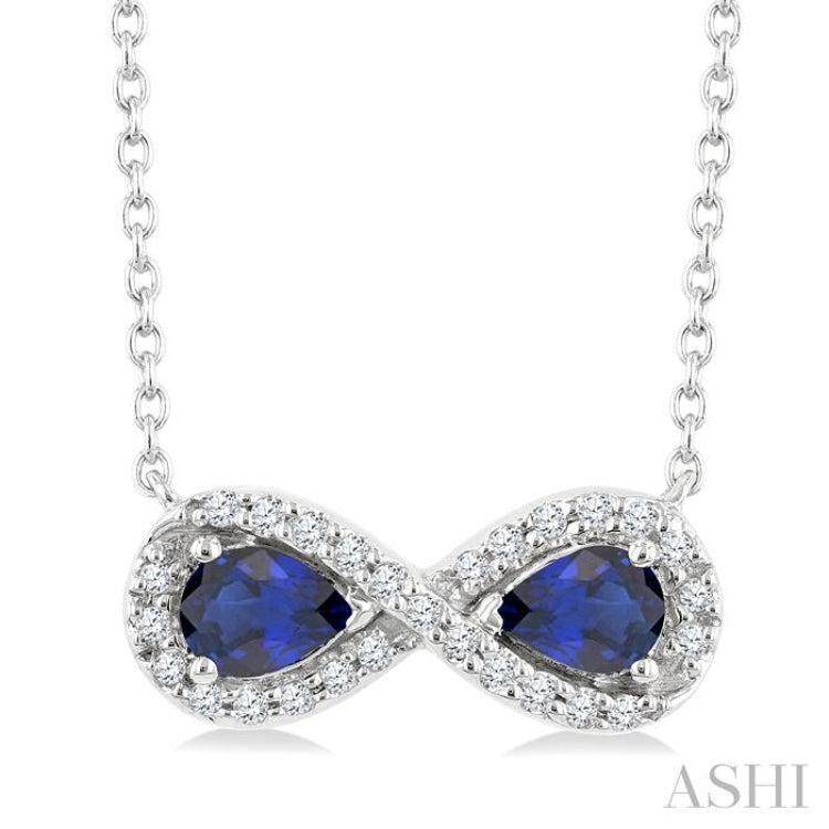 4X3 MM Pear Shape Sapphire and 1/10 Ctw Round Cut Diamond Precious Infinite Halo Pendant With Chain in 10K White Gold