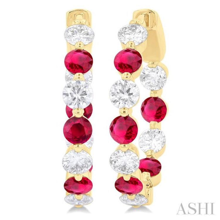 3.3 MM Round Cut Ruby and 1 5/8 ctw Round Cut Diamond Precious Inside-Out Alternating Hoop Earrings in 14K Yellow Gold