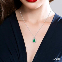 6x4 MM Oval Cut Emerald and 1/6 Ctw Round Cut Diamond Precious Pendant in 14K White Gold with Chain