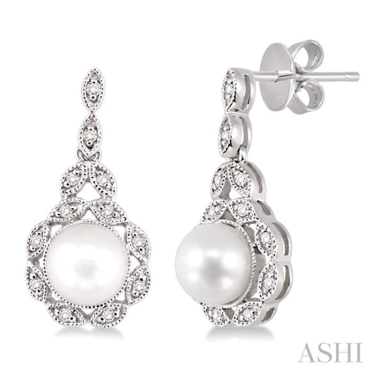6X6 MM Round Shape Cultured Pearl and 1/8 ctw Cutwork Marquise Round Cut Diamond Fashion Earring in 10K White Gold
